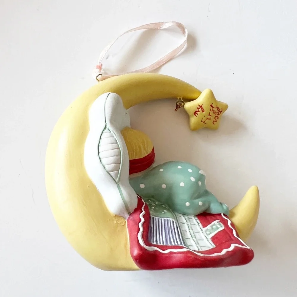 Vintage Silvestri Sleeping Baby Girl Ornament My First Noel Red Bow Moon Holiday